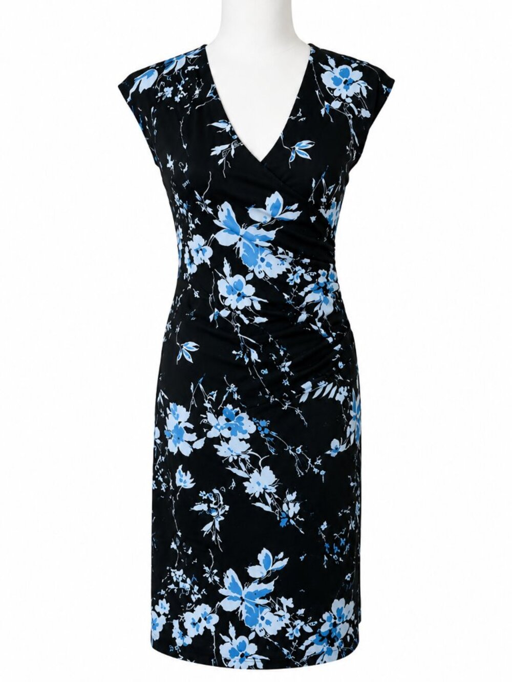 W Wrapper Black Blue Floral Faux Wrap Dress V-Neck Ruched Open Wrap Skirt